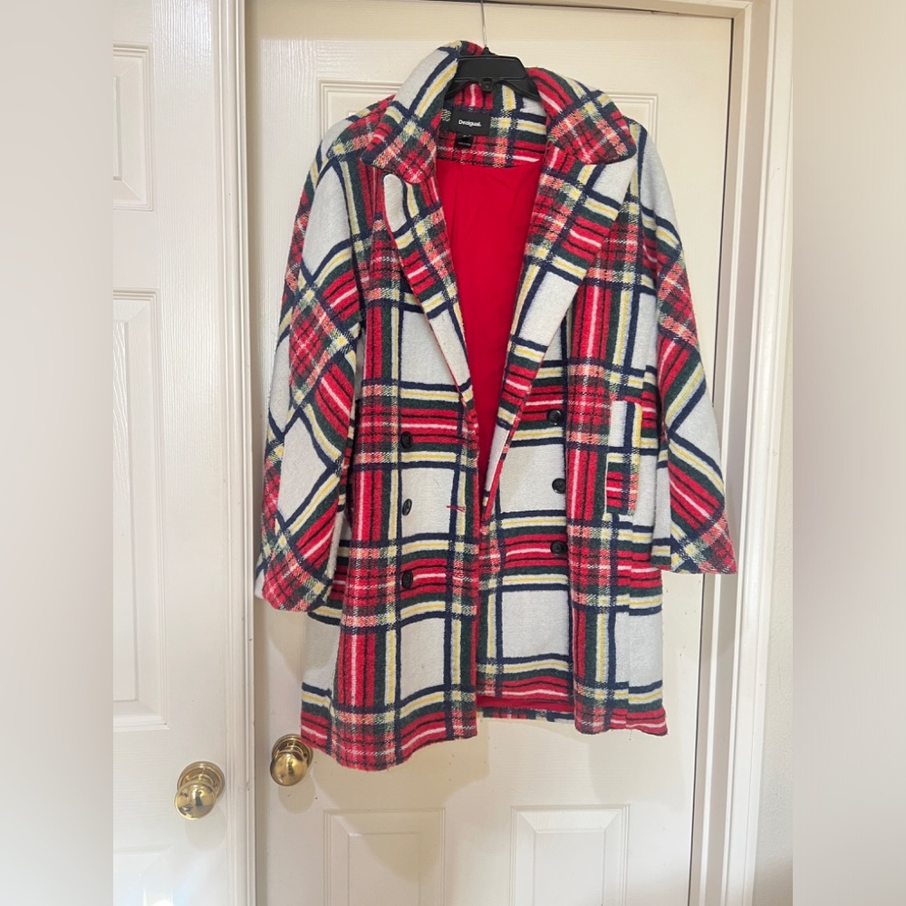 Desigual Women's Size 46E Red Plaid Jacket Coat Fall Winter Designer Streetwear